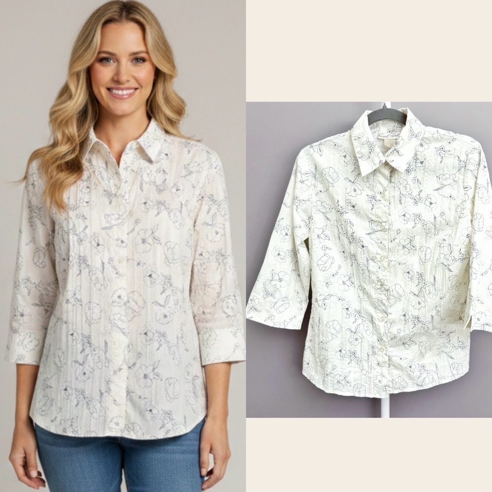 Vintage Romantic Boho Cottagecore Floral  Cream White Button Down Blouse Shirt.